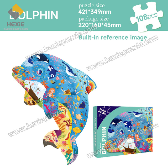 Kids' Educational White Card Puzzle | Irregular Dolphin 421*349mm | With 1:1 Reference Image & PE Bag | 220*160*45mm Box