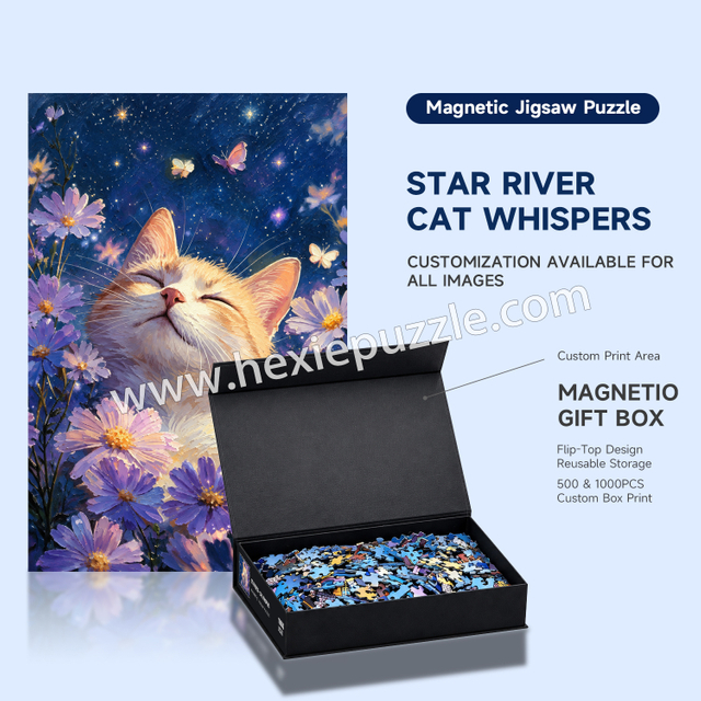 Star River Cat Whispers Magnetic Jigsaw Puzzle – Custom 500/1000 Pieces with Magnetic Gift Box & Drawstring Bag