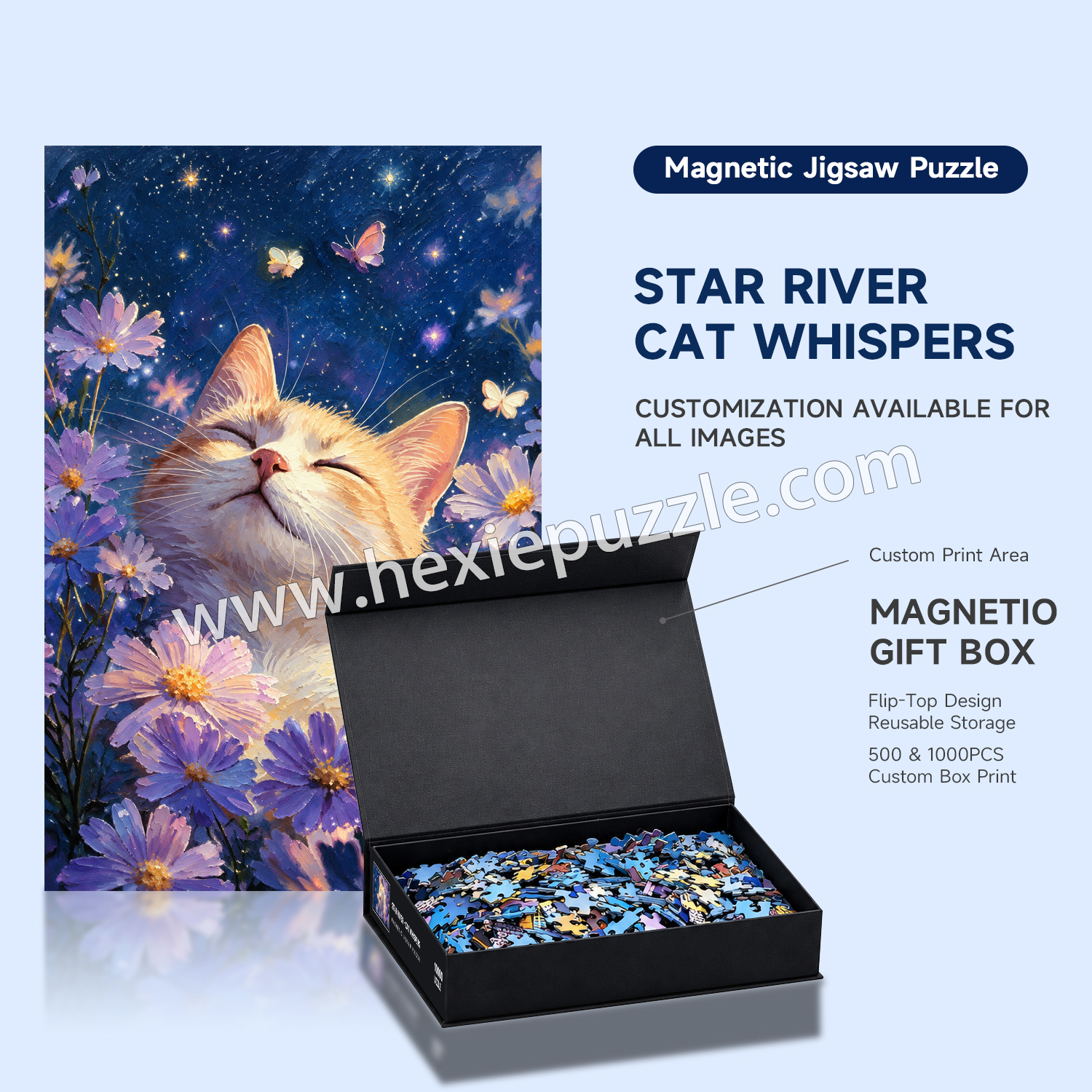 Star River Cat Whispers Magnetic Jigsaw Puzzle – Custom 500/1000 Pieces with Magnetic Gift Box & Drawstring Bag