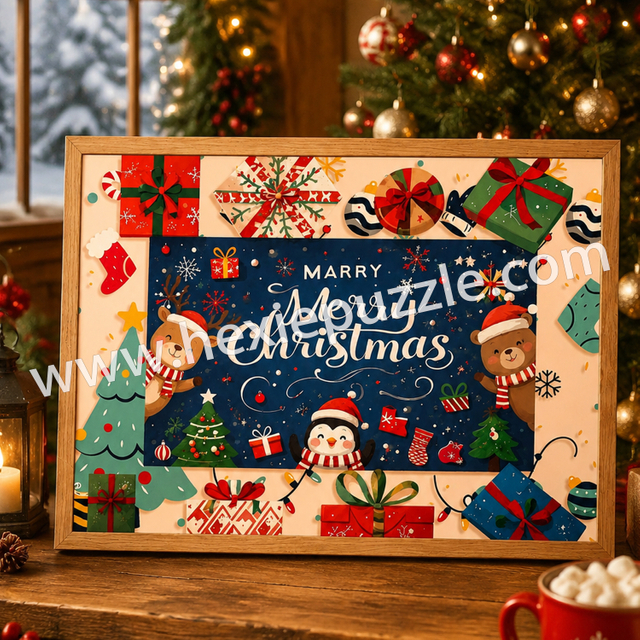 Premium Merry Christmas 1000-Piece White Cardboard Jigsaw Puzzle | Eco-Friendly Holiday Gift Set with 1:1 HD Poster