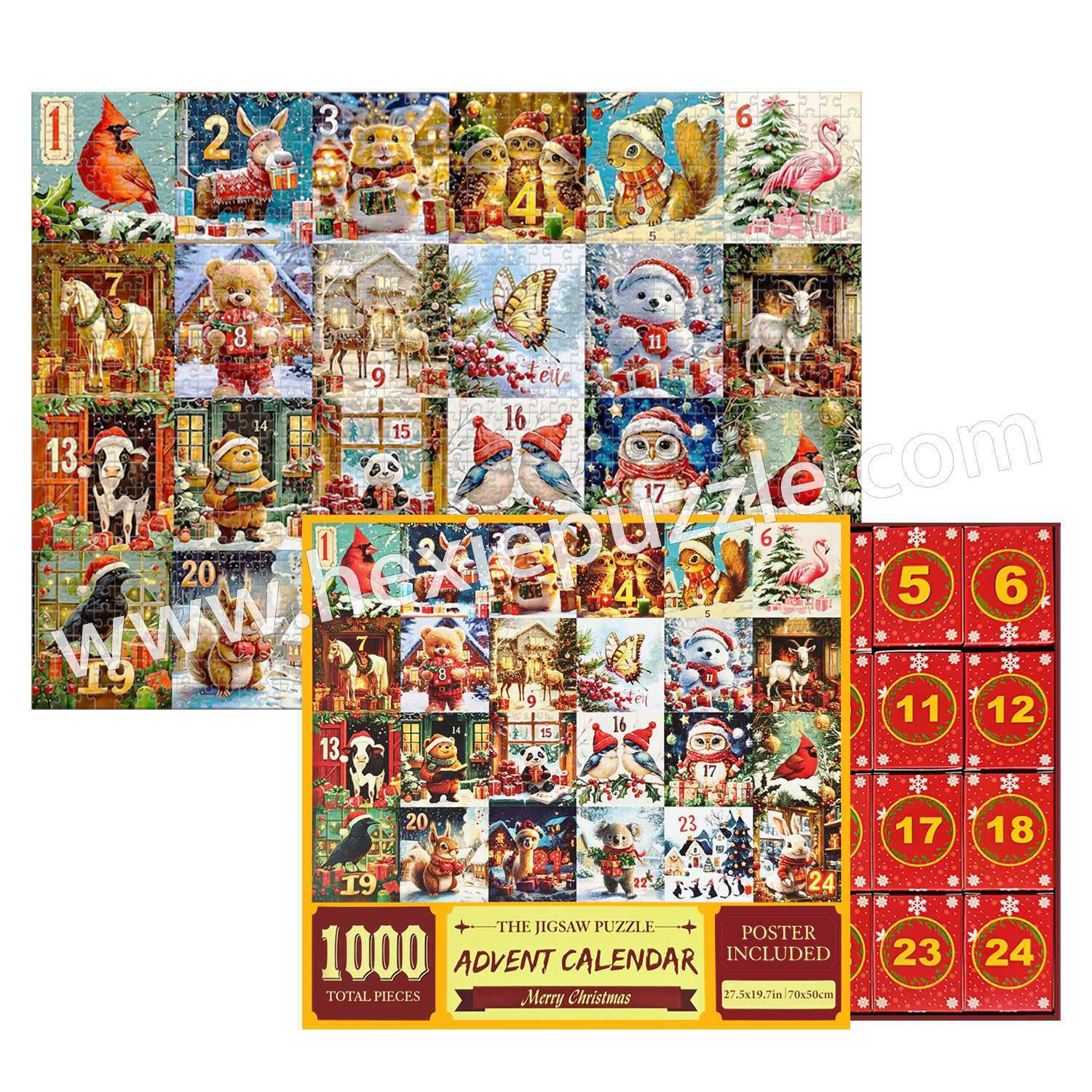 Christmas Advent Calendar Jigsaw Puzzle 1000 Pieces | 24-in-1 Themed Combo Puzzle | 70x50cm White Cardboard with 1:1 HD Poster