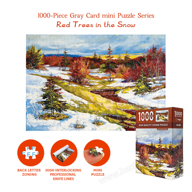 Red Tree in Snow 1000-Piece Gray Board Jigsaw Puzzle | Winter Landscape Art for Adults | Compact Size 380x260mm with 1:1 Poster